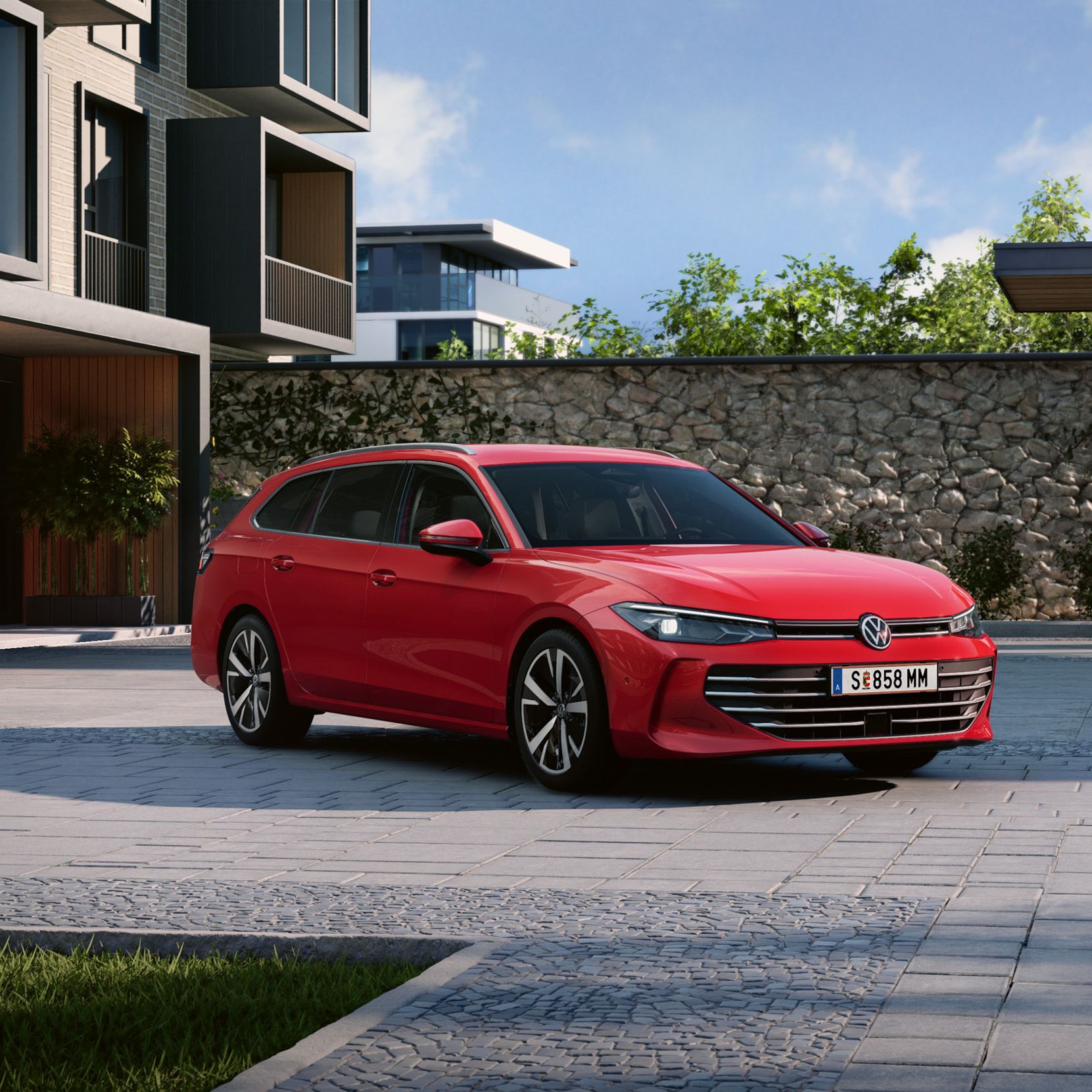 Frontansicht eines roten VW Passat B9 in der Ausstattungslinie Business