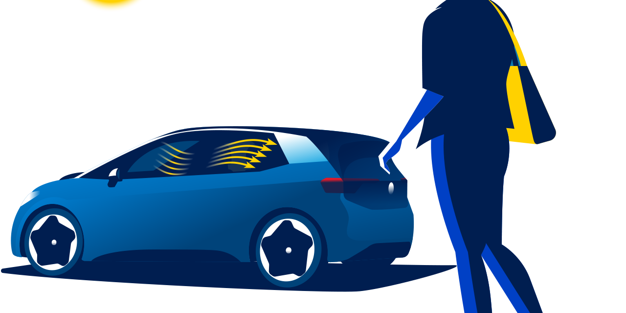 Eine Frau geht auf den Volkswagen ID. 3 zu