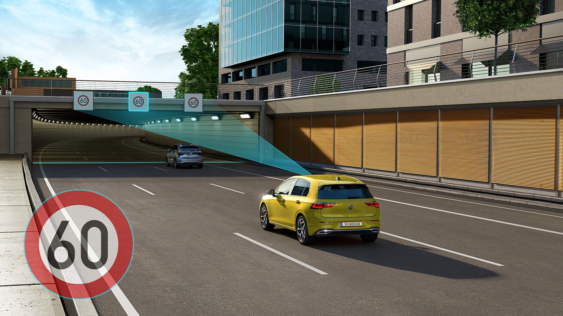 Grafische Darstellung der Verkehrszeichenerkennung beim VW Golf 8